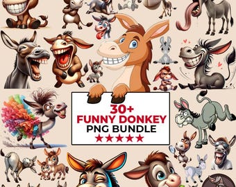 30+ Funny Donkey Pngs, Crazy Donkeys Clipart Printable,Cute Donkeys Clip Art, Funny Cartoon Animal Png Bundle, Quirky Donkey Clipart