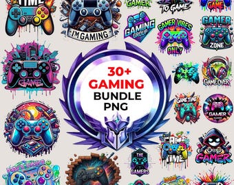 Pacote com mais de 30 imagens PNG de jogos, incluindo camisetas de gamer, controles de videogame, imagens para sublimação, imagens engraçadas de gamers, videogames e jogos em SVG.