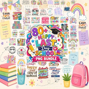 Op de afbeelding: Een kleurrijke PNG-bundel met de tekst "Happy Last Day of School". De afbeelding bevat verschillende afbeeldingen zoals boeken, potloden, een afstudeerhoed, een regenboog en een roze rugzak. De bundel bevat meer dan 80 elementen.