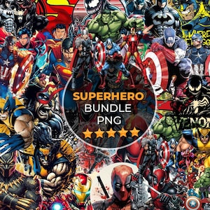 Op de afbeelding: Een levendige collage van superheldenillustraties, met personages als Superman, Batman en Captain America. De afbeelding bevat de tekst "SUPERHERO BUNDLE PNG" met een vijfsterrenbeoordelingsafbeelding, met een verscheidenheid aan striphelden.