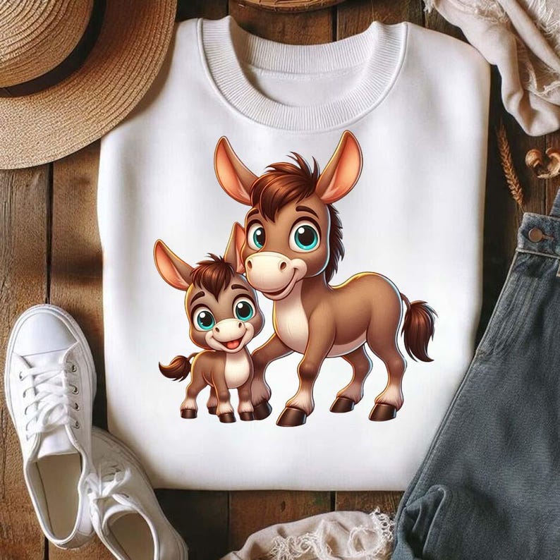 Op de afbeelding: Witte sweatshirt met een cartoon illustratie van twee ezels. De ezels zijn bruin met grote ogen. Het sweatshirt wordt gepresenteerd op een houten oppervlak met witte sneakers en een strohoed. De ezels staan dicht bij elkaar.