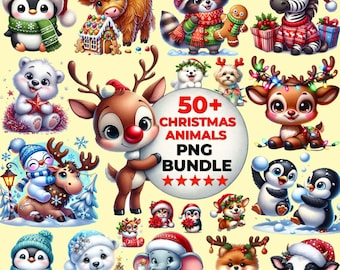 50+ Funny Christmas Animals Png Bundle, Winter Woodland Holiday Clip Art Set, Festive Animal Illustrations, Digital Download, Commercial Use