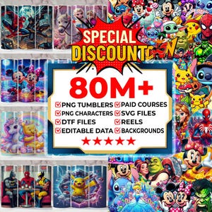 May include: A promotional image featuring various cartoon character designs on tumblers. The image includes the text "SPECIAL DISCOUNT" and "80M+", along with a list of product features. The tumblers showcase characters like Spider-Man, Mickey Mouse, and Pikachu.