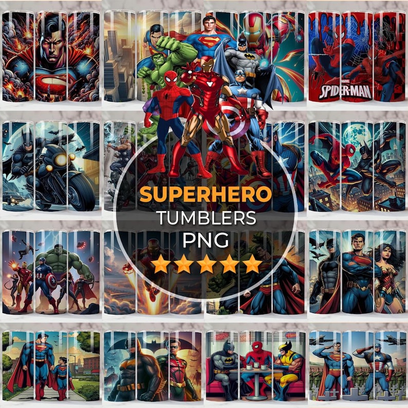 May include: A selection of superhero-themed tumblers, each displaying iconic characters such as Superman, Spider-Man, and Batman. The tumblers have colourful illustrations and the text "SUPERHERO TUMBLERS PNG".
