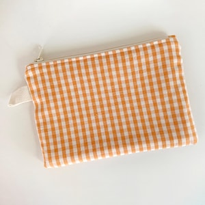 Gingham zipper pouch - small flat cotton checked fabric toiletry bag
