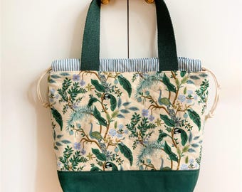 Quilted Knitting Project Bag with Handles, Peacock Floral Drawstring Tote, Made with Rifle Paper Co Fabric, Large WIP Yarn Storage