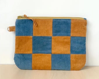 Quilted patchwork corduroy pouch, Checkered toiletry unisex bag