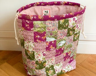 Extra Large Patchwork Quilted Knitting Project Bag Made with Liberty Fabric, Drawstring WIP Yarn Storage and Crochet Travel Organizer