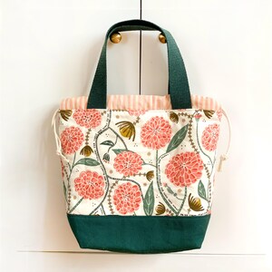 Quilted Canvas Knitting Project Bag with Handles, Floral Drawstring Tote and Large WIP Yarn Storage, Crochet and Craft Project Bucket Bag
