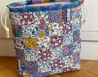 Quilted Patchwork Knitting Project Bag Made with Liberty Fabric, Violet Blue Floral Drawstring WIP Yarn Storage and Crochet Craft Organizer