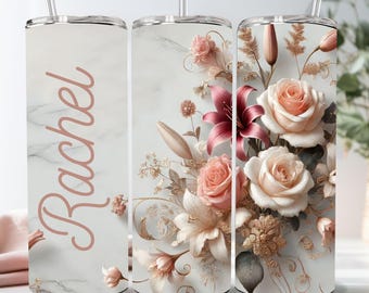 Personalized Name Floral Tumbler with Straw: 20 oz Tumbler Wrap, Double Insulated Stainless Steel Name Cup