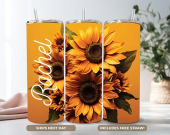 Personalized Sunflower Tumbler: 20 oz Custom Tumbler Wrap, Stainless Steel Name Cup for Bridesmaids & Friends