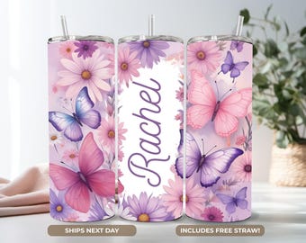 Personalized Name Floral Tumbler Cup: 20 oz Skinny Tumbler, Stainless Steel Name Cup, Name Tumbler Cup Gift