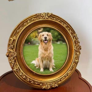 May include: Ornate, round, gold-colored picture frame with a detailed, scrolling design. The frame surrounds a photo of a golden retriever dog sitting on green grass. The text "Grandma Frame" is in the upper left corner.