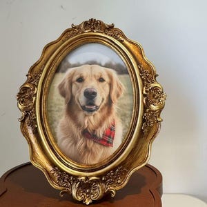 May include: Ornate, oval-shaped gold picture frame with a portrait of a Golden Retriever wearing a red and black plaid bandana. The frame has detailed floral and scrollwork designs. The text "Grandma Frame" is in the upper left corner.