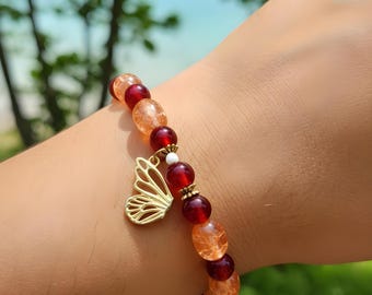 Red Crystal Beaded Bracelet with Gold Butterfly Charm  Hope & Renewal Collection by Lafortis Handcraft