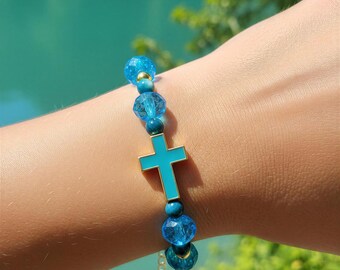 Turquoise Blue Faith Bracelet – Gold Cross & Crystal Beads