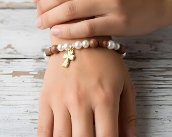 Faith & Grace Bracelet – Pearl and Sandstone with Gold Cross Charm
