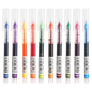 May include: A collection of nine colorful gel pens with clear caps. The pens are arranged vertically, showcasing a spectrum of colors including blue, purple, yellow, orange, green, red, and pink. Each pen has a label with the ink color name.