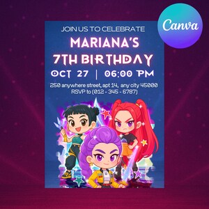 May include: A birthday party invitation with the text "MARIANA'S 7TH BIRTHDAY" and event details. The design features three cartoon characters with swords. The Canva logo is in the upper right corner.