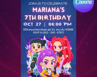 Demon Hunters Huntrix Chibi Girls Birthday Invitation, Demon Hunters Kpop Party, Editable Kpop Anime Digital Invite