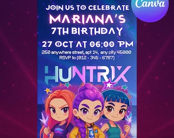 Huntrix Chibi Girls Birthday Invitation, Demon Hunters Kpop Party, Editable Kpop Anime Digital Invite