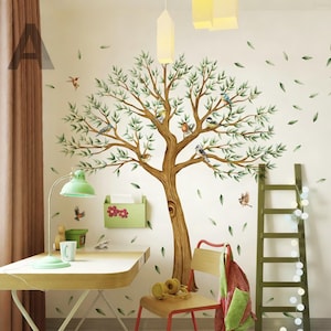 May include: A whimsical wall mural featuring a large tree with green leaves and colorful birds. The tree is painted on a white wall, with additional leaf and bird decals. A desk, chair, and ladder are in the room, creating a playful atmosphere.