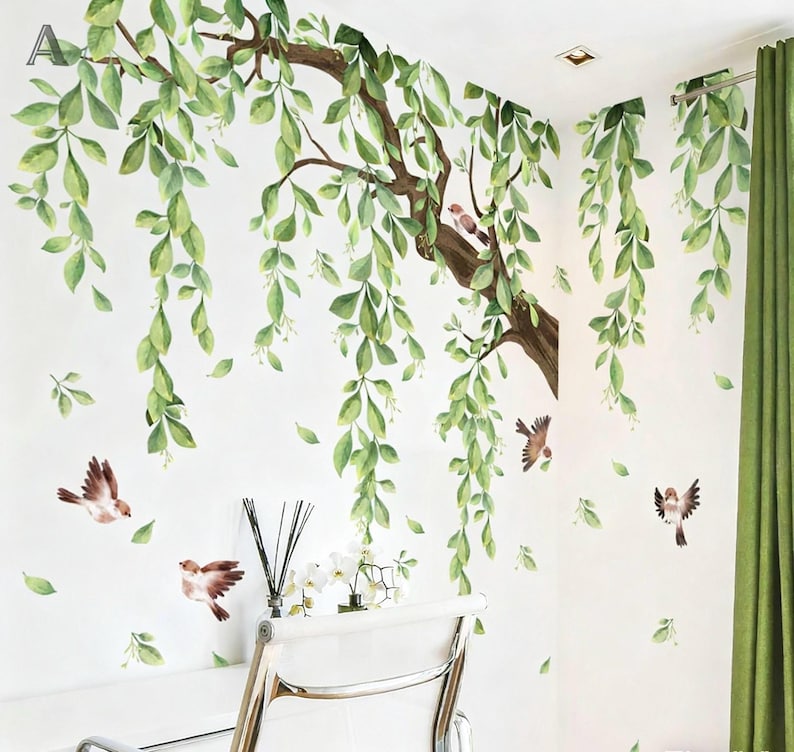 Large Hanging Vine Wall Decals Tree Branch Green Leaf Flower Birds Wall ...