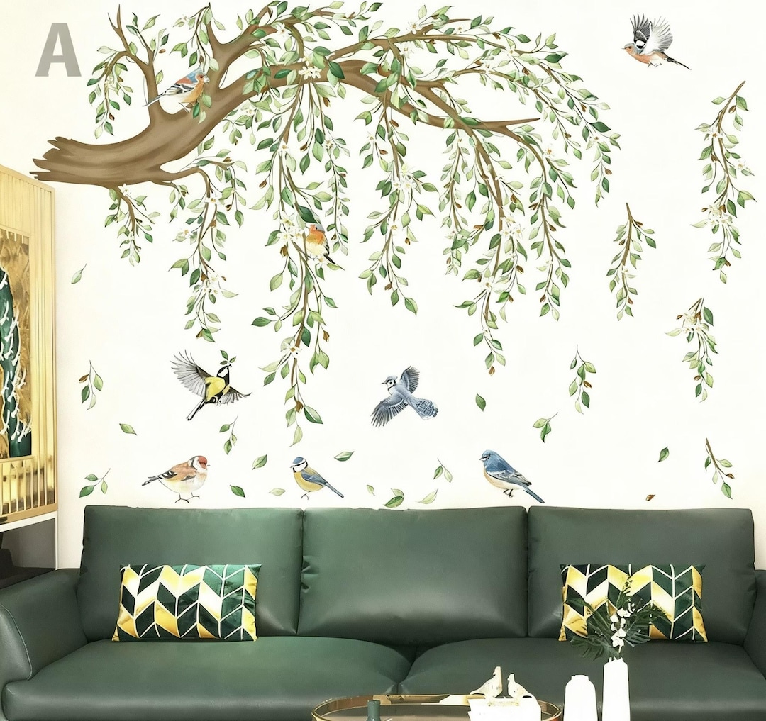Large Hanging Vine Wall Decals Tree Branch Green Leaf Flower Birds Wall ...