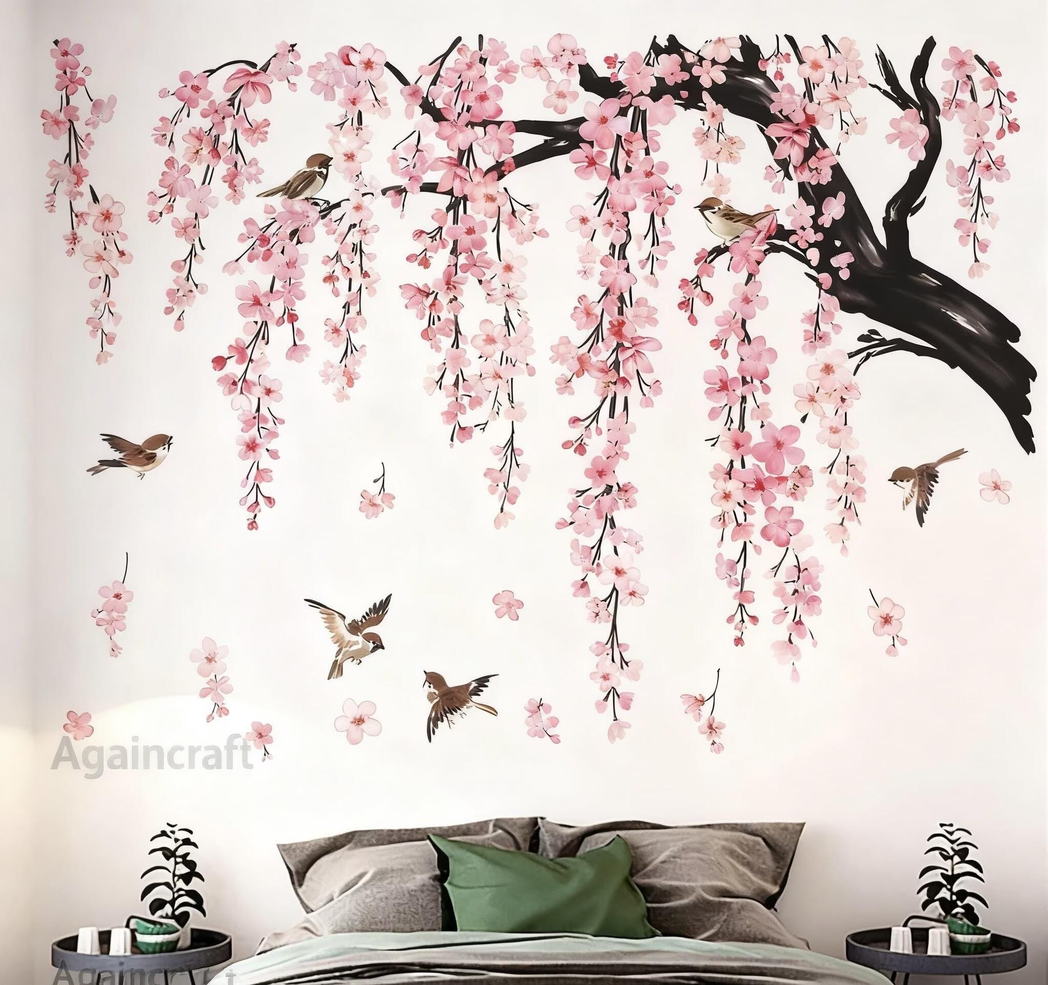 Large Hanging Vine Wall Decals Tree Branch Green Leaf Flower Birds Wall ...