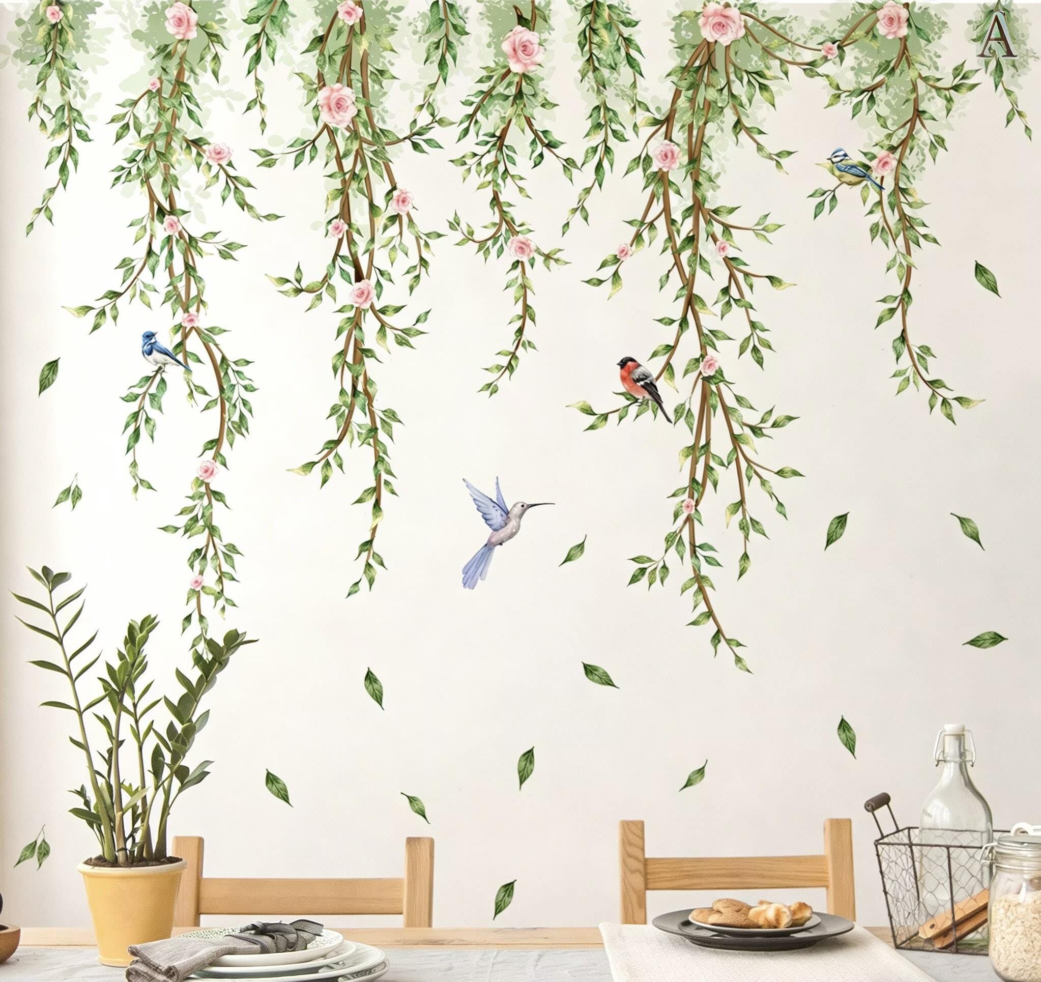 Hanging Vines With Flowers Wall Decals Green Plant Leaves Bird Wall ...