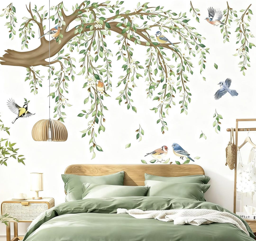 Large Hanging Vine Wall Decals Tree Branch Green Leaf Flower Birds Wall ...