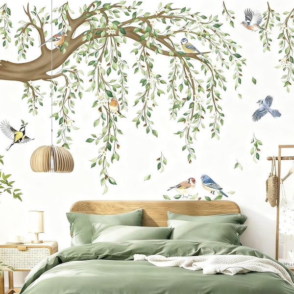 Large Hanging Vine Wall Decals Tree Branch Green Leaf Flower Birds Wall Stickers Removable Peel and Stick Living Room Tv Background Bedroom