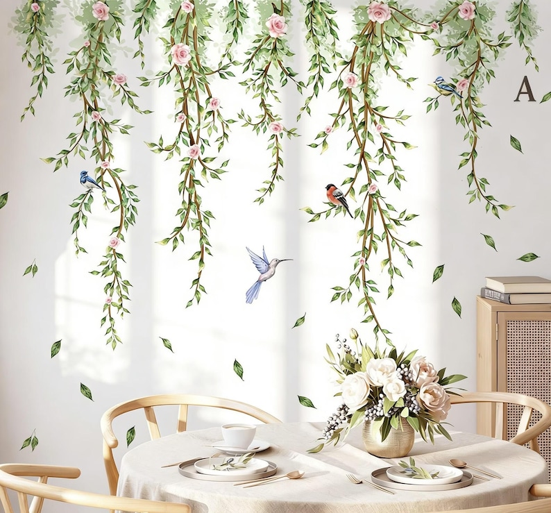 Hanging Vines With Flowers Wall Decals Green Plant Leaves Bird Wall ...