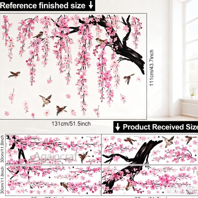 Large Hanging Vine Wall Decals Tree Branch Green Leaf Flower Birds Wall ...