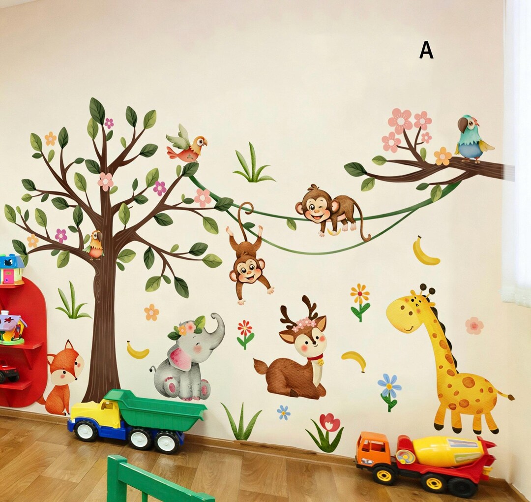 Large Jungle Animals Tree Wall Decals Safari Lion Elephant Monkey Wall ...