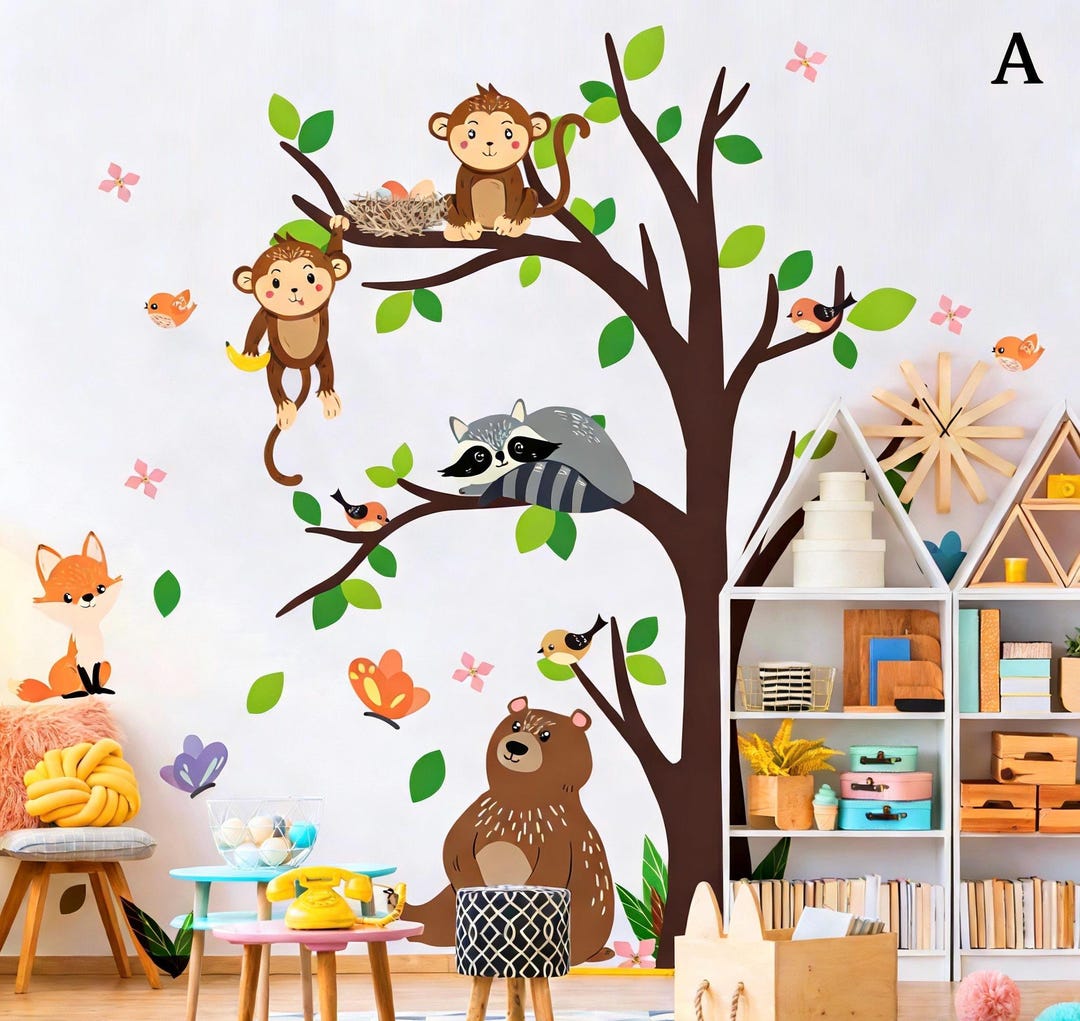 Woodland Animal Forest Tree Wall Stickers Bear Deer Fox Wall Decals DIY ...