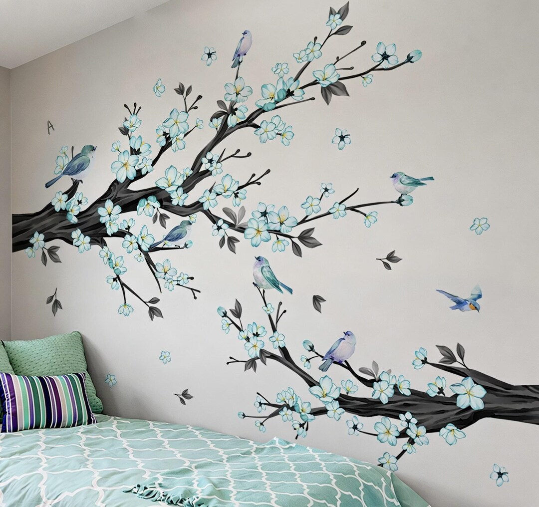Colorful Flower Stickers, Blue Flower Wall Stickers, Tree Branch Wall ...