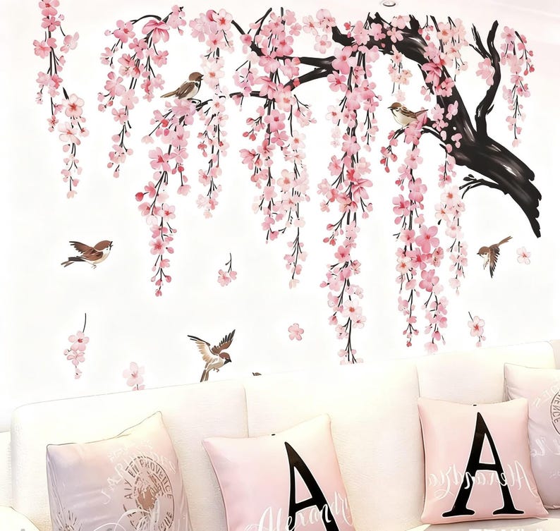 Large Hanging Vine Wall Decals Tree Branch Green Leaf Flower Birds Wall ...