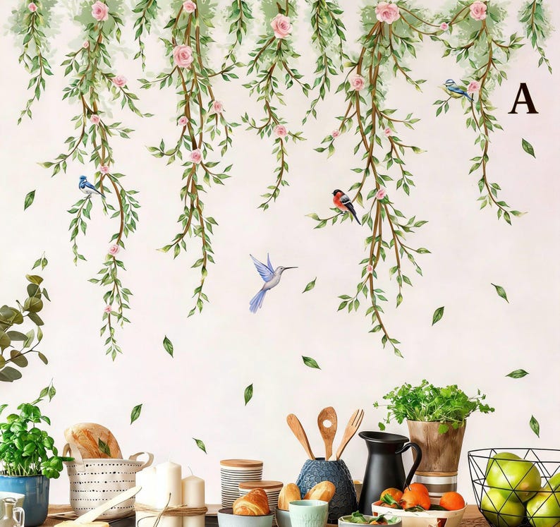 Hanging Vines With Flowers Wall Decals Green Plant Leaves Bird Wall ...