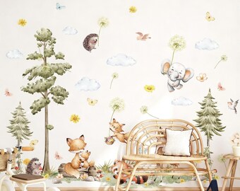 Woodland Animals Wall Decals,Animal Wall Stickers with Deer,Fox,Elephant,Peel and Stick Nursery Wall Art Kids Bedroom,Playroom,Living Room