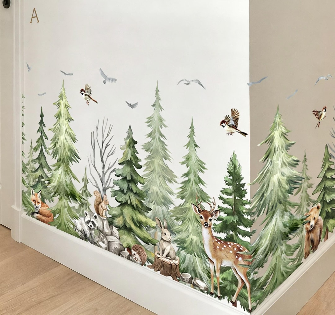 Woodland Wall Decal Watercolor, Pine Tree and Forest Animals Decal for ...