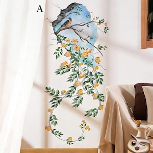 3D-plantenbloemstickers, muurstickers vogels, plantenstickers – Zelfklevende bloemenmuursticker voor woonkamer, slaapkamer, woondecoratie meisjeskamer