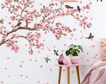 Pink Cherry Blossom Floral Birds Wall Decals Large Cherry Blossom Tree Branch Wall Stickers for Sofa TV Wall Decor Bedroom Living Room