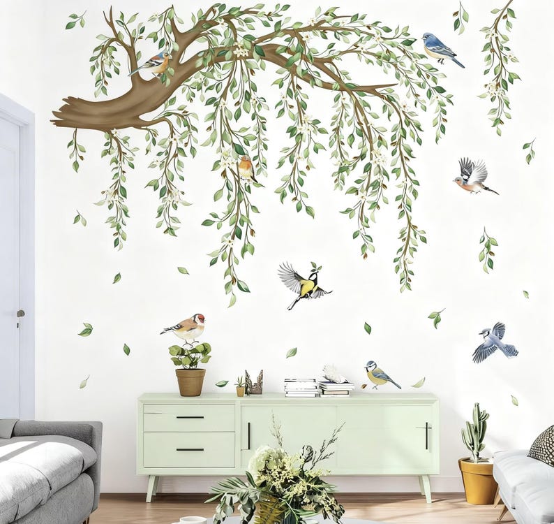 Large Hanging Vine Wall Decals Tree Branch Green Leaf Flower Birds Wall ...