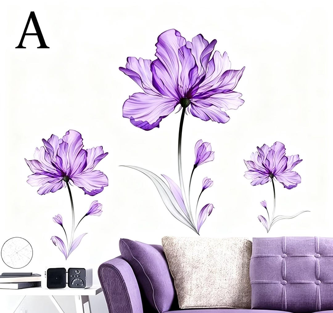 Watercolor Flower Wall Stickers, Purple Flower Wall Stickers, Plant ...