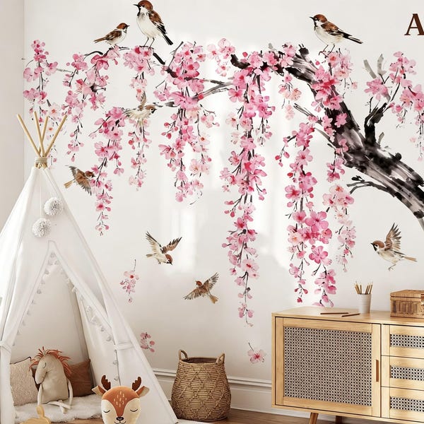 Large Cherry Blossom Tree Wall Stickers, Floral Nursery Wall Decal, Boho Nursery Wall Decal Sticker,Living Room Nursery Baby Room, Kids Room