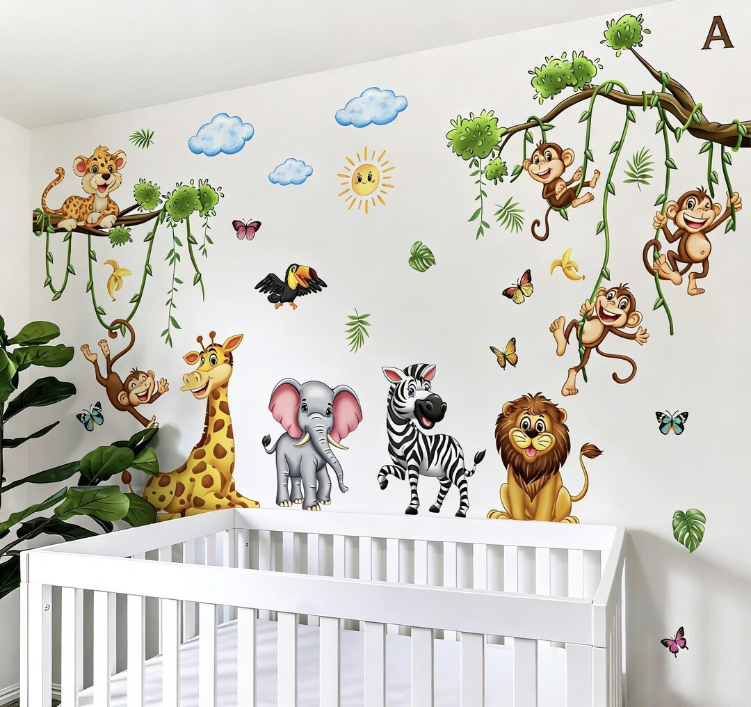 Jungle Animals Tree Branch Wall Decals Safari Monkey Giraffe Lion Wall ...