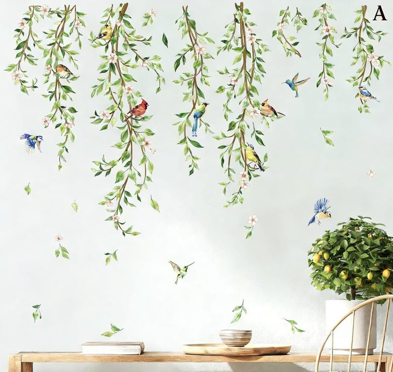Hanging Vine Wall Decals Birds Green Leaf Wall Stickers Home Wall ...