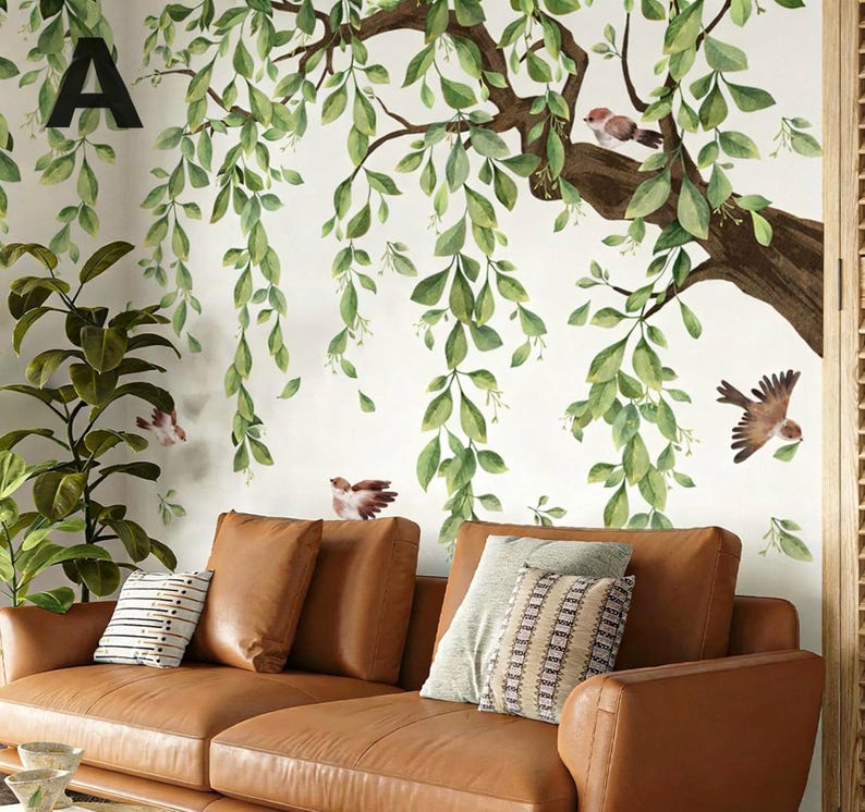 Large Hanging Vine Wall Decals Tree Branch Green Leaf Flower Birds Wall ...